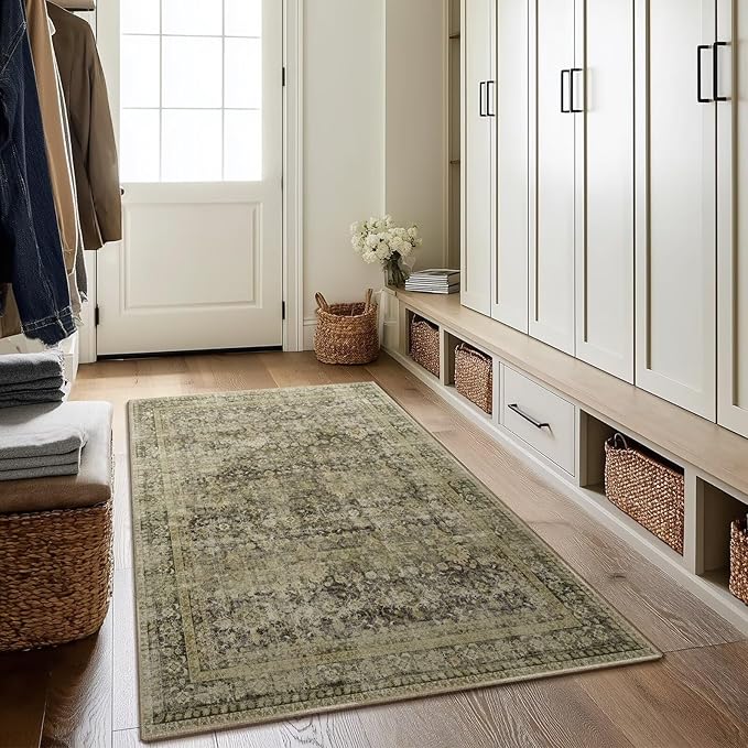 Washable 4x6 Rugs for Living Room, Boho Non-Slip Vintage Distress Small Rugs for Bedroom Nursery Office, 0.3" Neutral Oriental Throw Thin Carpet with Cushioning Pad, Moss/Yellow/Multi, C3