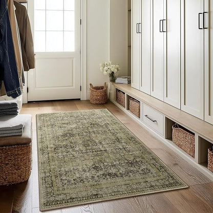 Washable 4x6 Rugs for Living Room, Boho Non-Slip Vintage Distress Small Rugs for Bedroom Nursery Office, 0.3" Neutral Oriental Throw Thin Carpet with Cushioning Pad, Moss/Yellow/Multi, C3