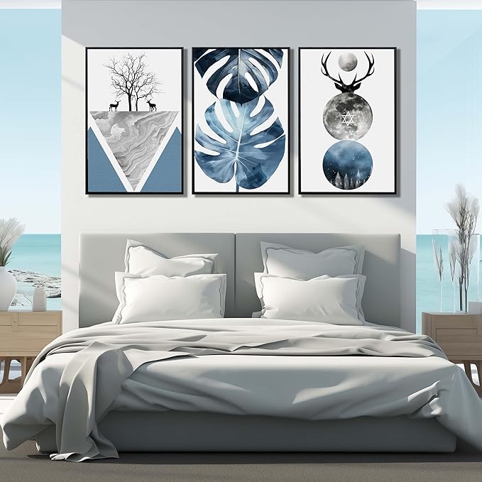 Boho Canvas Wall Art Set of 3 with Black Frame, Abstract Minimalismt Bohemian Deer & Tropical Leaf Pictures Prints Artwork Paintings Wall Decor for Bedroom Living Room Home Decoration 24x36 inches
