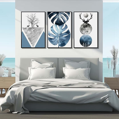 Boho Canvas Wall Art Set of 3 with Black Frame, Abstract Minimalismt Bohemian Deer & Tropical Leaf Pictures Prints Artwork Paintings Wall Decor for Bedroom Living Room Home Decoration 24x36 inches