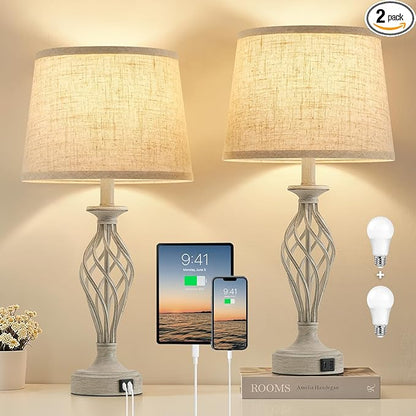 EJIAXIN Table Lamp for Bedroom Set of 2 - Light Grey Bedside Lamps with USB C+A Ports,Rustic Distressed Farmhouse Bedroom Lamp - Lamp for Living Room Reading Bed Side End Table Bulbs Included