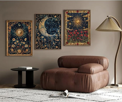 Tocliky Moon Sun Gothic Wall Art Tarot Card Celestial Canvas Poster Witchy Vintage Wall Decor Boho Floral Aesthetic Painting Dark Academia Mystical Astrology Posters for Bedroom 12x16x3 Inch Unframed