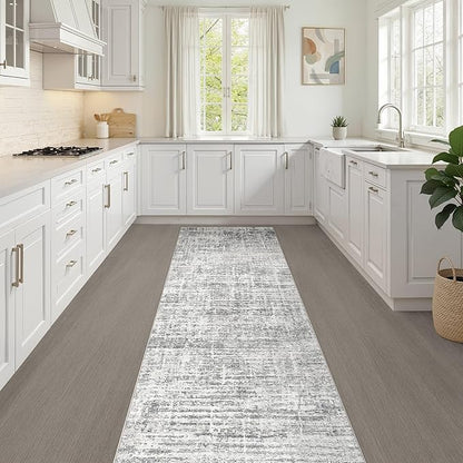 Runner Rug Non-Slip Kitchen Rug: 3x8 Washable Abstract Modern Soft Stain Resistant Indoor Floor Neutral Accent Throw Carpet for Hallway Bathroom Laundry Room Bedroom Entryway- Grey