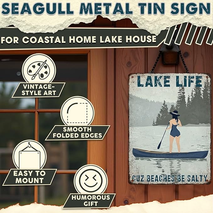 Lake Life Decor Tin Sign - Rustic Metal Wall Art for Cabin, Lakehouse & Porch - Weatherproof 12x16 Inches