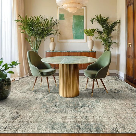 Hazo Haus Neutral Dark Rugs for Living Room - 6x8 Washable Moss Rug for Dining Room Table, Bedroom Under Bed, Ultra-Thin Soft Textured Moss Green Indoor Decor