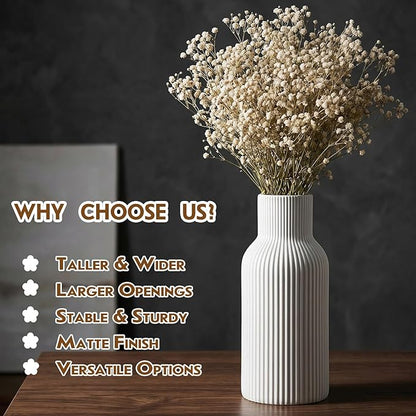 White Tall Ceramic Vase, Modern Matte Vertical Ribbed, Nordic Minimalist for Pampas, Dried & Fresh Flowers, Home Decor for Living Room, Coffee Table, Bookshelf, Entryway, Farmhouse