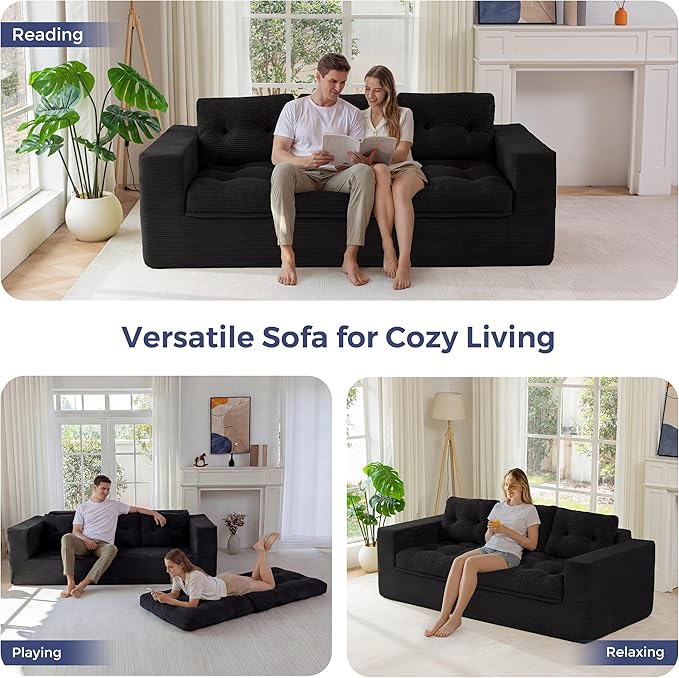 MAXYOYO 79" Loveseat Sofa Couch for Small Spaces, Upholstered Boneless Cloud Couch for Apartment Bedroom, 3-Seater Love Seat Floor Modern Sofa with Pillows, No Assembly Required, Black