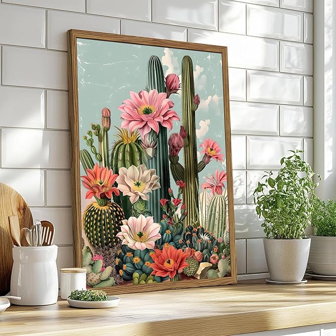 Framed Mexican Cactus Canvas Wall Art Set of 2, Vintage Desert Floral Wall Decor Paintings, Southwestern Boho Botanical Pictures Prints Aesthetic Home Decor for Living Room Bedroom Bathroom 12x16 inch