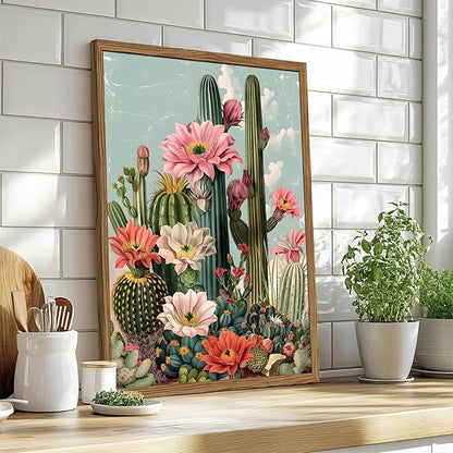 Framed Mexican Cactus Canvas Wall Art Set of 2, Vintage Desert Floral Wall Decor Paintings, Southwestern Boho Botanical Pictures Prints Aesthetic Home Decor for Living Room Bedroom Bathroom 12x16 inch