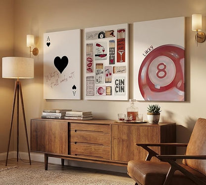 3pcs Trendy Vintage Matchbox Canvas Wall Art Red Lucky Pool Ball Ace Of Hearts Wall Decor Pictures Fashion Coquette Preppy Posters Prints For Bedroom Dorm Scene Home Decoration Prepare To Hang