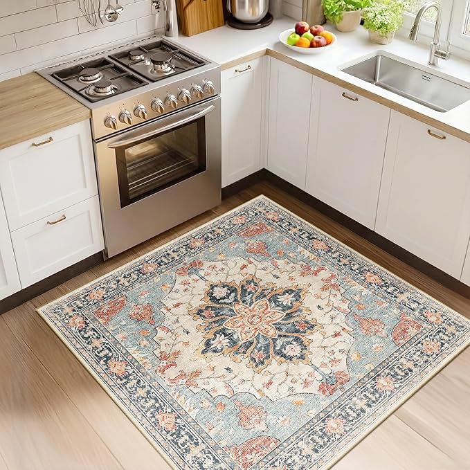 RELEANY Area Rugs Square 4ft Washable Non-Slip, Floral Vintage Distress Print Pattern Medallion Carpet for Living Room Bedroom Dining Room, Beige Navy Blue Orange Colorful