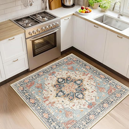 RELEANY Area Rugs Square 4ft Washable Non-Slip, Floral Vintage Distress Print Pattern Medallion Carpet for Living Room Bedroom Dining Room, Beige Navy Blue Orange Colorful