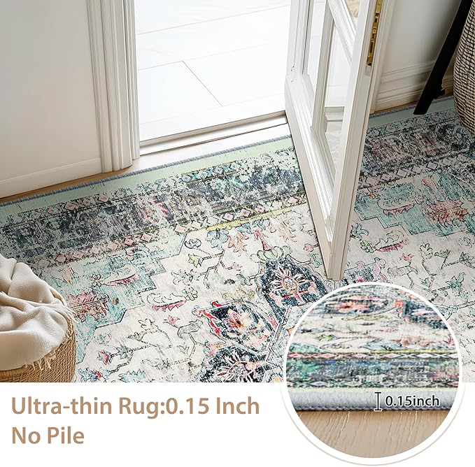 BESTSWEETIE 4ft Area Rug Washable Rugs for Living Room, No Pile Boho Carpet for Entryway Bedroom Dinning Room, Vintage Carpet Print Distressed Non-Slip, 48" Round, Multi Navy Teal