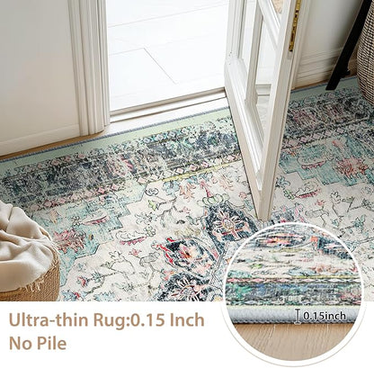 BESTSWEETIE 2x10 Area Rug Washable Rugs for Living Room, No Pile Boho Carpet for Entryway Bedroom Dinning Room, Vintage Carpet Print Distressed Non-Slip, 2 x 10 ft, Multi Navy Teal