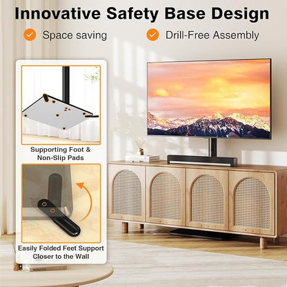 TVON Universal Floor TV Stand with Mount for Most 32-65 Inch TVs up to 88lbs, Height Adjustable TV Floor Stand with Wood Base for Space Saving, Tall Floor TV Stand for Bedroom, Corner & Living Room