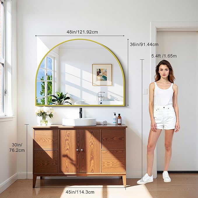CIRCUMI Arched Wall Mirror, 48"x36" Gold Arched Mirror with Tempered Glass, Metal Frame, Large Size for Entryway Table, Mantel,Living Room,Over Sink,Arch Mirror for Decor,Shatterproof&Crystal-Clear