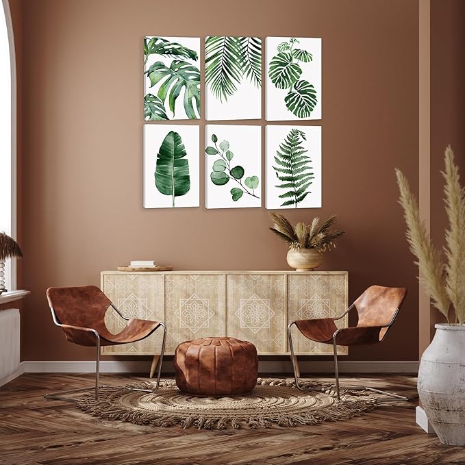HoozGee Framed Botanical Wall Art Prints Built-in Wooden Frame Tropical Leaves Plant Leaf Canvas Print Wall Decor Green Wall Art Posters Bedroom Living Room Decor (12"x16" FRAMED)