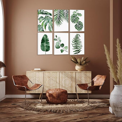 HoozGee Framed Botanical Wall Art Prints Built-in Wooden Frame Tropical Leaves Plant Leaf Canvas Print Wall Decor Green Wall Art Posters Bedroom Living Room Decor (12"x16" FRAMED)