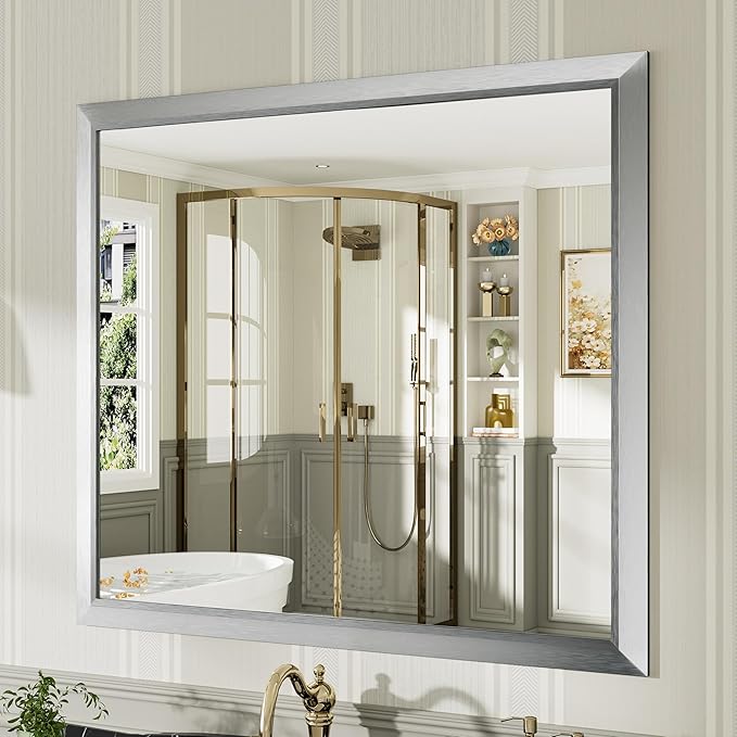 40x36 Inch Brushed Silver Bathroom Mirror for Wall, Thick Metal Framed Rectangle Mirrors for Over Sink, Bedroom, Living Room, Entryway, Anti-Rust, HD Tempered Glass