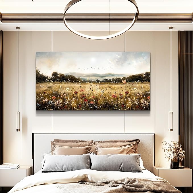 KELIYUAN Canvas Wall Art For Kitchen Dining Room Vintage Decor, Lawn Paintings With Flowers Wall Decor Prints Home Office Living Room Bedroom Decoration Home Decor, Can Be Hung Directly 20 "X 40"