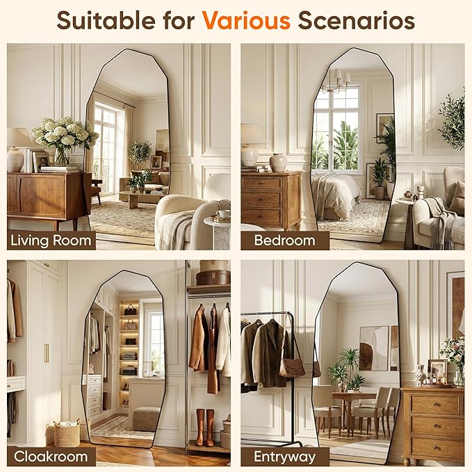 Antok Full Length Mirror, 71"x32" Floor Mirror, Free Standing Wall Mounted or Leaning Full Body Mirror with Aluminum Alloy Frame, Diamond Irregular for Bedroom Entryway Cloakroom, Black