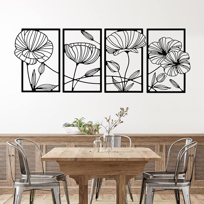 4 Pcs Metal Wall Art 16.5 x 11.8'' Line Art Wall Decor Floral Minimalist Decor Hanging Flower Aesthetic Modern for Living Room Bedroom Bathroom Kitchen Decoration(Black)