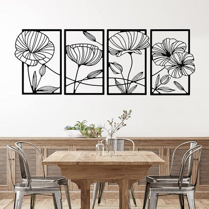 4 Pcs Metal Wall Art 16.5 x 11.8'' Line Art Wall Decor Floral Minimalist Decor Hanging Flower Aesthetic Modern for Living Room Bedroom Bathroom Kitchen Decoration(Black)