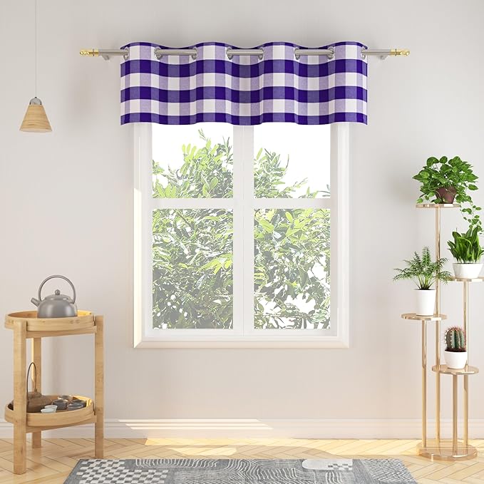 3 Pieces Tier Curtains and Valance Set Buffalo Check Kitchen Tiers Plaid Gingham Grommet Top Classic Short Small Cafe Curtains Country Farmhouse Cafe Bathroom 54"x18"/32"x24" Purple & White