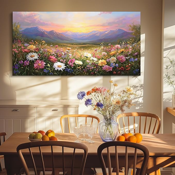 crmotu Landscape Wall Art, Oversized Wall Art, Floral Wall Decor, Mountain Flower Sunset Oil Paintings, Vibrant Scenic Pictures Wall Decor Living Room Bedroom Hallway Farmhouse Canvas Prints 29x57inch