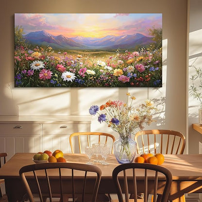 crmotu Landscape Wall Art, Oversized Wall Art, Floral Wall Decor, Mountain Flower Sunset Oil Paintings, Vibrant Scenic Pictures Wall Decor Living Room Bedroom Hallway Farmhouse Canvas Prints 29x57inch