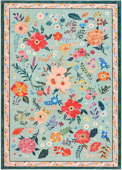 Macgace 4x6 Floral Rug for Girls Bedroom, Machine Washable Area Rugs with Non Slip Backingfor Living Room, Cute Flowers Carpet Kitchen Dining Room Kids Playroom Decor, Light Green