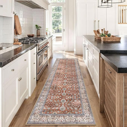 KUTA Vintage Washable Runner Rug, 2.6x8 Red Clay Runners for Hallways Non-Slip Kitchen Rugs Ultra Thin Soft Printed Distressed Oriental Floral Floor Carpet for Laundry Bedroom Living Room Nursery