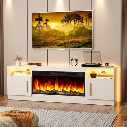 TAVATA Fireplace TV Stand Entertainment Center with 36" Fireplace, 70" Wooden TV Stand for TVs Up to 80", Media TV Console with High Gloss Storage Cabinet and 16 Colors LED Lights (White)