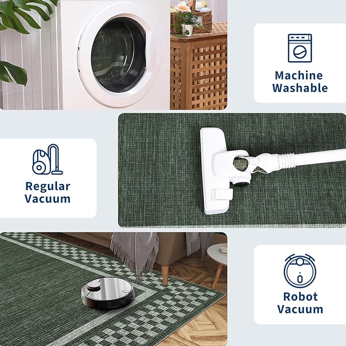 GarveeHome Washable Area Rug 4x6 Small Living Room Rugs Modern Bordered Soft Dining Room Throw Carpet Low Pile Non Slip Checkered Bedroom Rug Geometric Carpet for Nursery Kitchen Home Office, Green