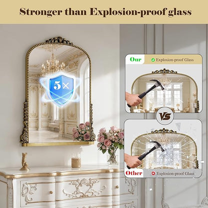 24x32 inch Arched Bathroom Mirror - Wall Vanity Mirror with Beautiful Retro Top and Bottom Engraving Process Frame, for Entryway, Fireplace, Living Room, Hallway or Wall Decor (Upgrade Tempered Glass)
