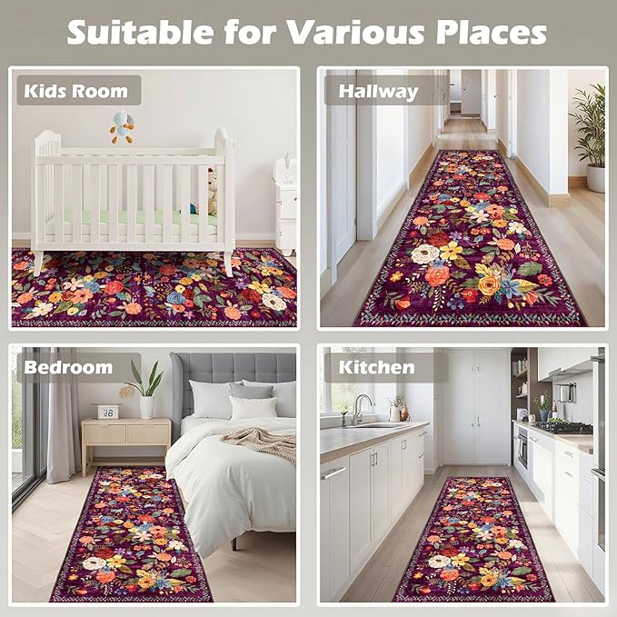 Runner Rug for Hallways Kitchen 2x8, Non Slip Washable Rugs with Rubber Backing Soft Floral Carpet for Hallways, Kitchen, Laundry, Bedroom, Bathroom (2 x 8, Purple)