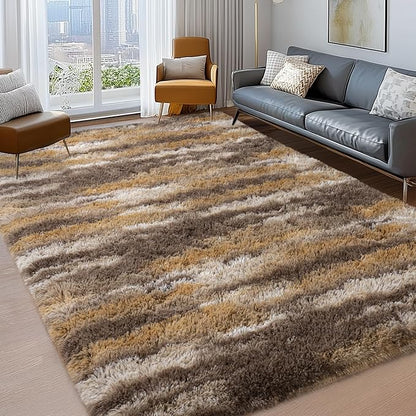 Shag Rugs for Living Room 5x7, Ultra Soft Abstract Brown Big Fuzzy Rugs for Bedroom, 5 x 7 Fluffy Shaggy Plush Carpet Girls Kids Room Dorm Upgrade Non-Slip