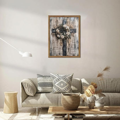 Wood Framed Vintage Cross Christian Wall Art, White Rose Wreath Canvas Paintings Prints Posters Wall Decor, Retro Religious Music Score Church Decor Suitable for Study Prayer Room 36x24 inch