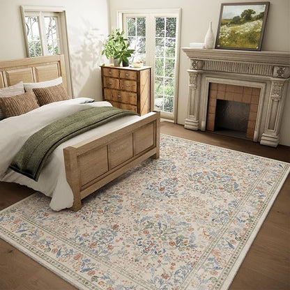 Washable Area Rugs for Living Room: 5x7 Bedroom Rug Vintage Area Rug Stain Resistant Non Slip Low Pile Lightweight Soft Carpets for Dining Room Kitchen Nursery Kids Room Farmhouse Indoor