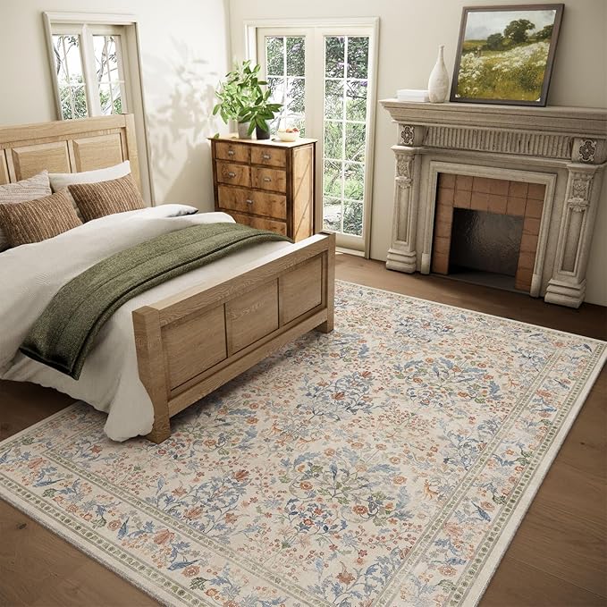 9x12 Area Rugs for Living Room: Washable Bedroom Rug Vintage Area Rug Stain Resistant Non Slip Low Pile Lightweight Soft Carpets for Dining Room Kitchen Nursery Kids Room Farmhouse