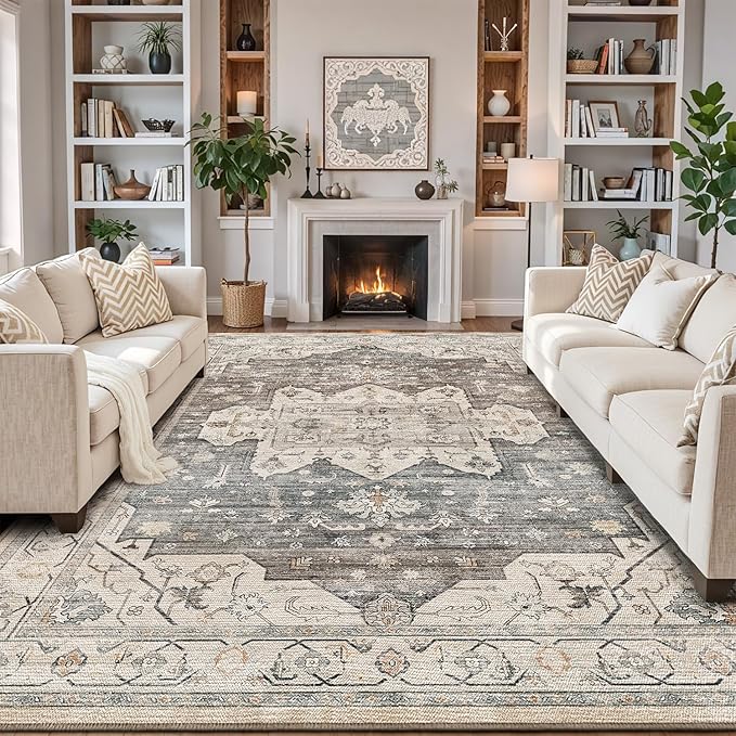 LUMI 5x8 Washable Area Rug for Living Room, Ultra Soft Vintage Rug with TPE Non Slip Backing, Stain Resistant, Low Profile Carpet High Traffic for Bedroom, Dining Room