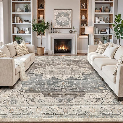 LUMI 5x8 Washable Area Rug for Living Room, Ultra Soft Vintage Rug with TPE Non Slip Backing, Stain Resistant, Low Profile Carpet High Traffic for Bedroom, Dining Room