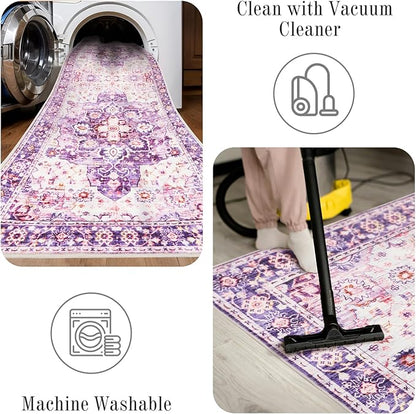 2x6 Rug Runners for Hallways Kitchen Runner Rug Non Slip Washable Long Runner Rugs with Rubber Backing Soft Vintage Carpet for Kitchen, Bedroom, Bathroom, Entryway, Purple