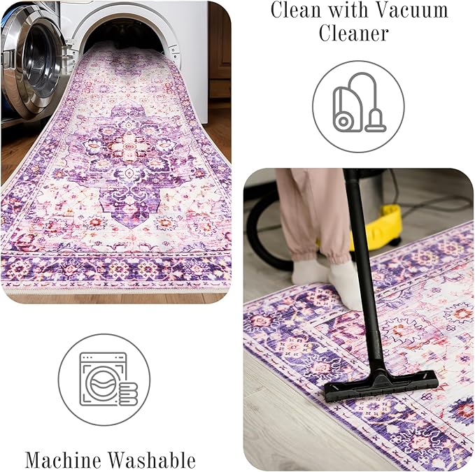 4x6 Area Rugs for Living Room, Machine Washable Vintage Rug, Non-Slip Low Pile Throw Rugs with Rubber Backing Washable Carpet for Bedroom Dining Room Kitchen Home Decor, Purple