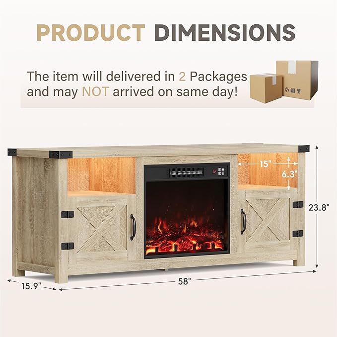 Furmax LED Entertainment Center with Fireplace, Fireplace TV Stand with Storage Cabinets and 2 Open Shelves, Modern Media TV Console for Living Room (Light Oak)