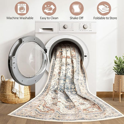 Runner Rug Kitchen Washable Rugs: 3x8 Non-Slip Boho Vintage Distressed Stain Resistant Indoor Neutral Farmhouse Throw Carpet for Hallway Bathroom Laundry Room Entryway Bedroom- Beige Blue