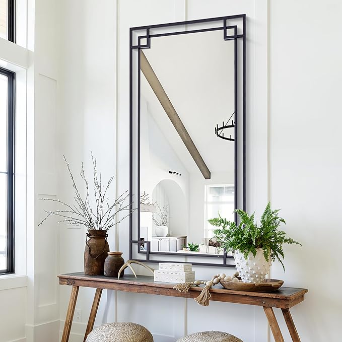 Chende 24''x47'' Large Living Room Mirror for Wall with Metal Frame, Modern Rectangular Black Mirror for Bathroom, Fireplace, Sofa, Horizontal/Vertical Hanging
