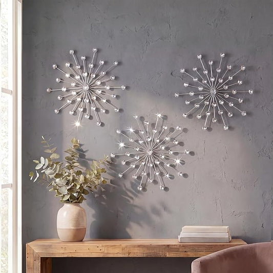 ZEXUIRU 3 Pack Silver Sunburst Wall Decor – Metal Crystal Wall Art with Sparkling Rhinestones, 14’’/18 Inch Starburst Wall Hanging Set for Living Room Bedroom Bathroom – Modern Bling Home Decorations