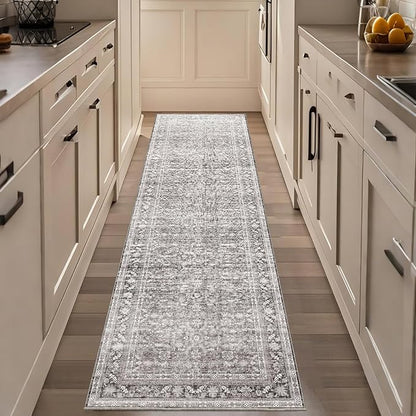 OPPODREAM Vintage Grey 2x8 Runner Rug, 2 x 8 Retro Washable Rug Non Slip, Low-Pile Faux Wool Carpet, Distressed Gray Floor Mat for Kitchen, Hallway, Entry-Way, Entrance, Indoor Back Door