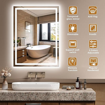 24x32 Inch LED Lighted Bathroom Mirror - Anti-Fog Vanity Mirror with Dimmable Front & Backlit, 3 Color Temp, Smart Memory - Shatterproof HD Glass, IP54 Waterproof Wall Mounted for Makeup Shaving